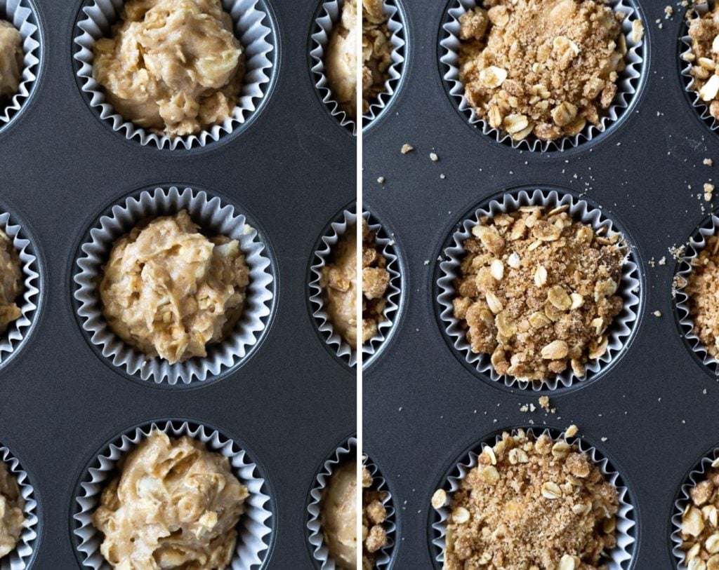 side by side photos of batter in muffin tin with and without streusel
