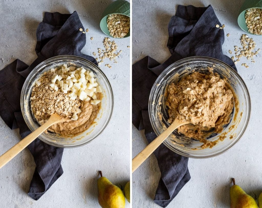 side by side photos folding pears and oats into batter