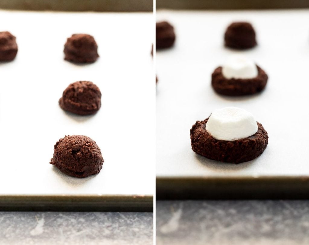 side by side images of cookie dough ball with and without marshmallow before baking