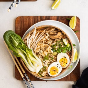 vegetarian ramens with soft boiled egg, bok choy, and bean sprouts