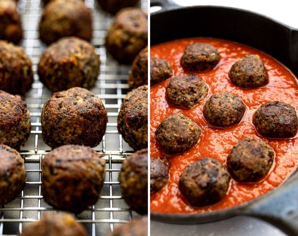 Meatballs on cooling rack and in tomato sauce.