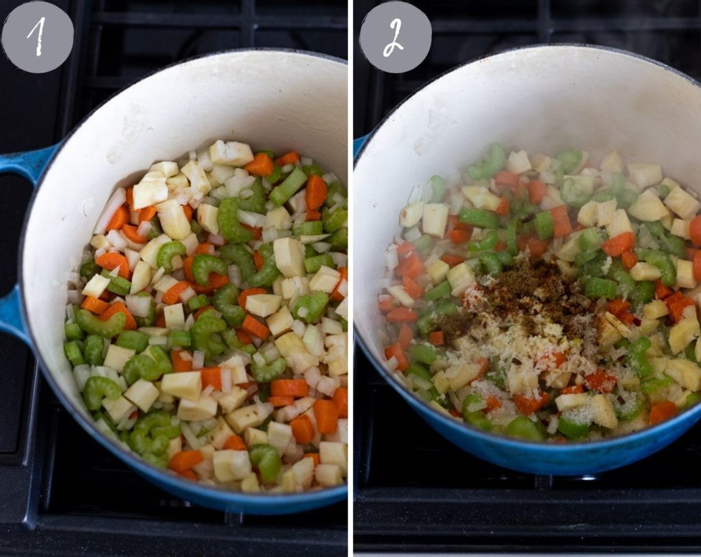 side by side photos of stock pot with first two steps