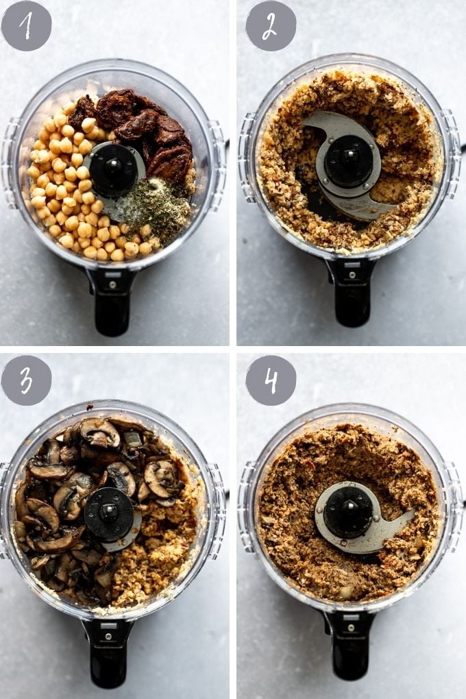 4 food processor images with chickpeas, tomatoes, then adding mushrooms.