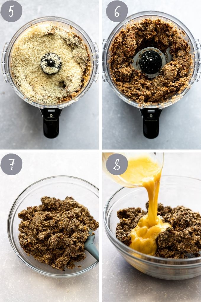 Food processor images with panko, then in a mixing bowl adding egg.