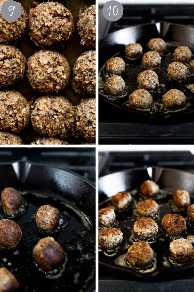 Formed meatballs on tray, then in skillet cooking.