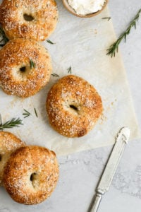 rosemary bagels overhead spread on parchment