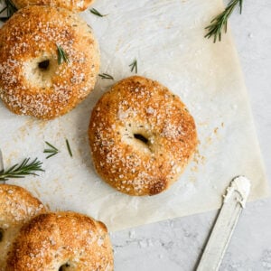 rosemary bagels overhead spread on parchment