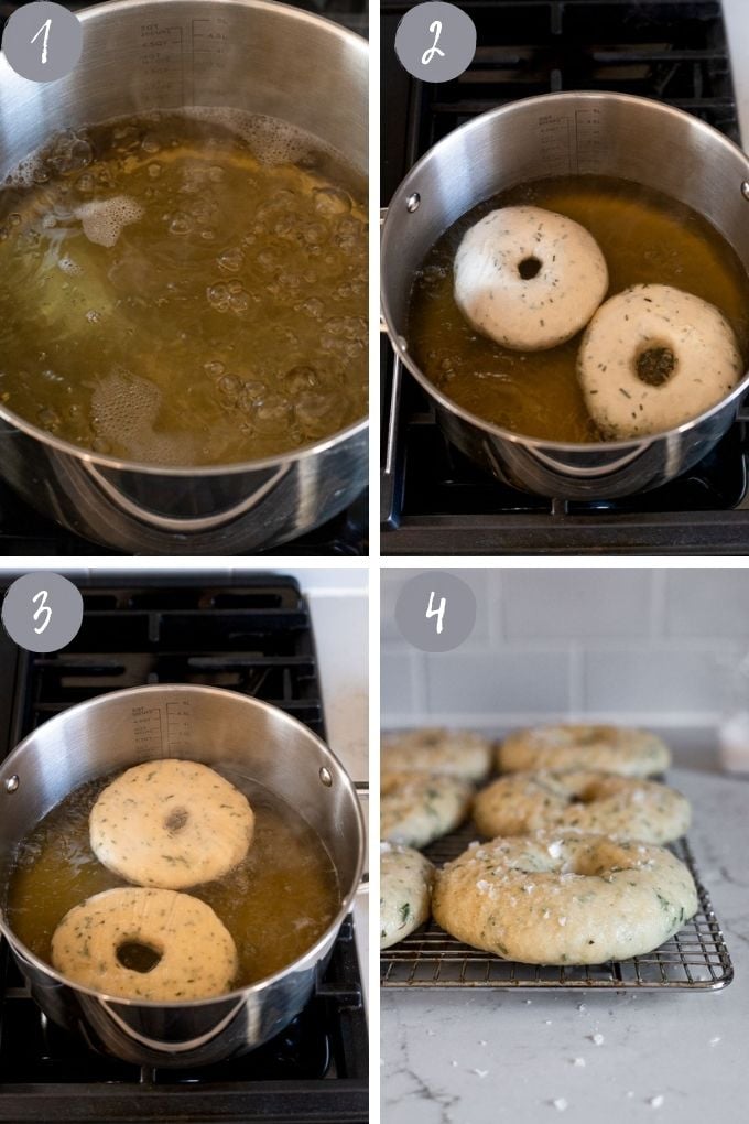 4 photo collage boiling bagels in honey water then removing and placing on a cooling rack with sea salt.