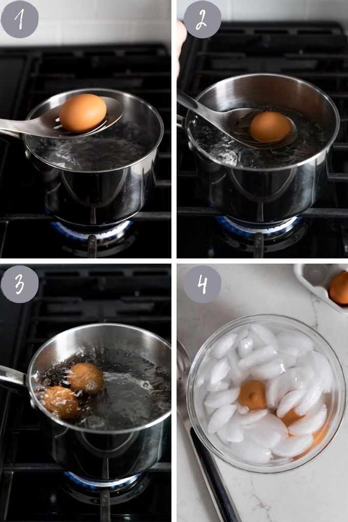 4 pic collage soft boiling eggs in sauce pan
