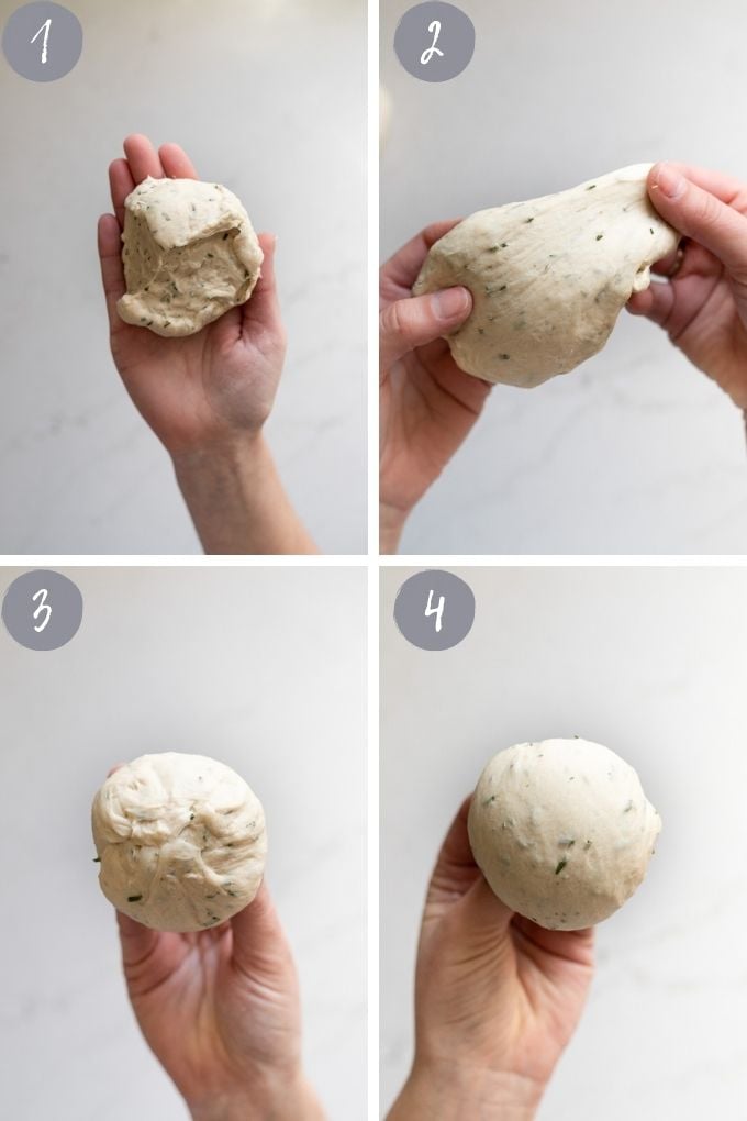 4 collage shaping dough ball, pulling the edges to form a ball.