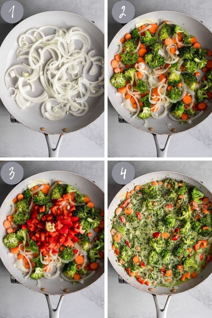 4 images of skillet cooking vegetables for stir fry