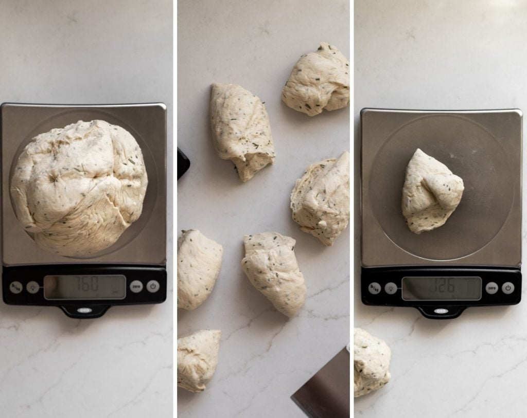 3 collage weighing dough into pieces.