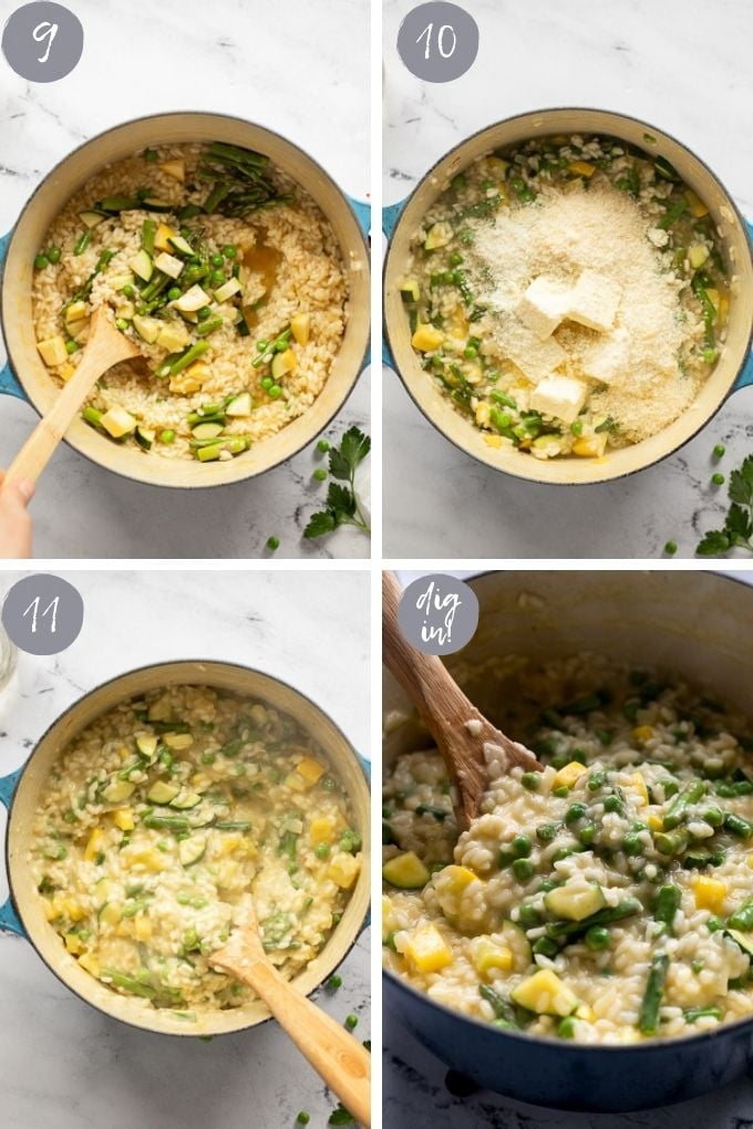 4 photo collage: stirring, adding butter and cheese, finished dish.