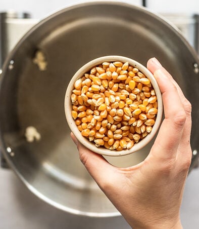 Hand holding bowl of popcorn kernels over pot.