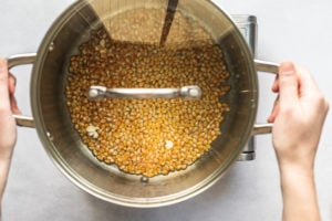 Hands holding stock pot with popcorn kernels.