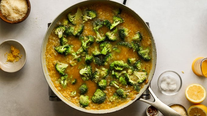 Broccoli added to skillet.