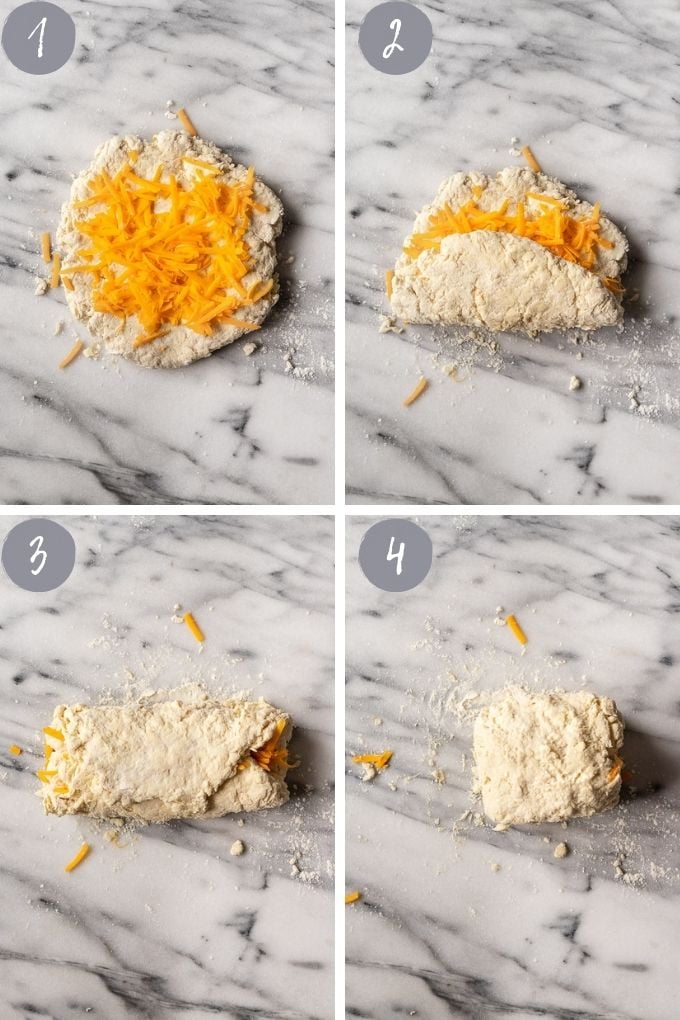 Shaping the biscuit dough with cheese in the middle.