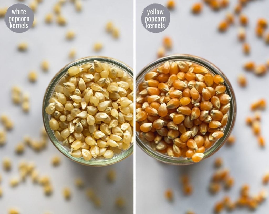 side by side photo comparison of white and yellow popcorn kernels in jars