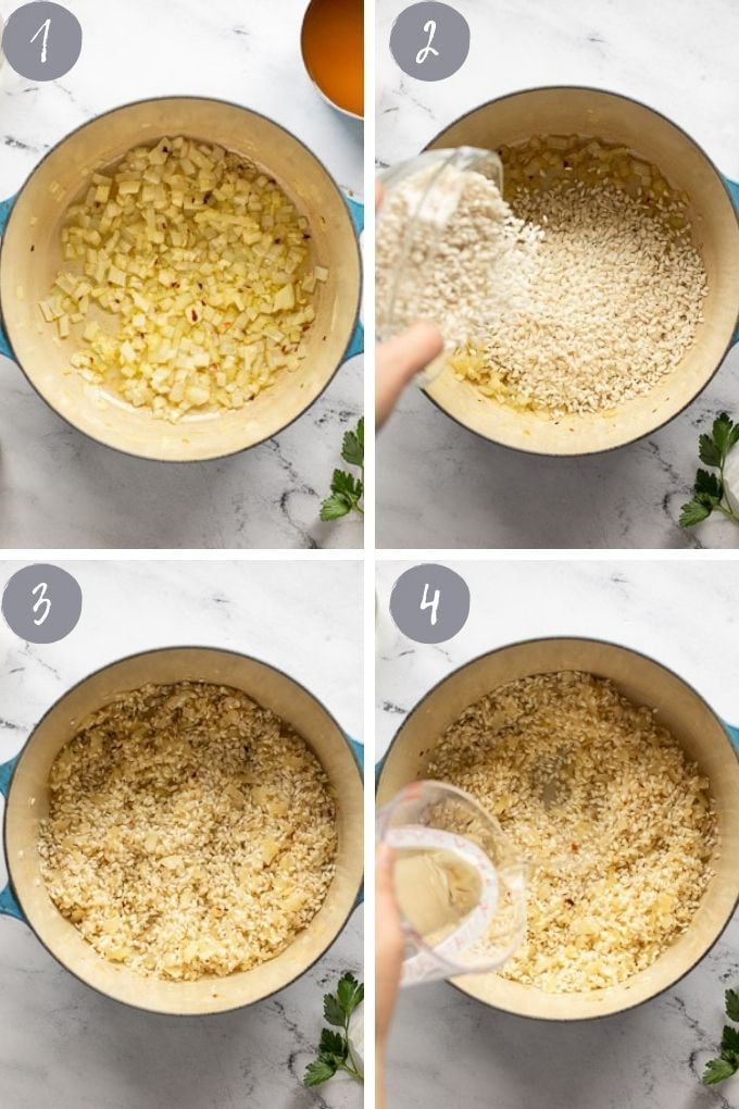 4 photo collage with risotto steps: onion, arborio rice, absorb, and adding wine.