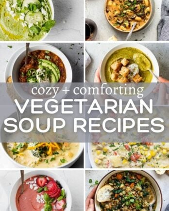 Collage of soups with text overlay "cozy and comforting vegetarian soup recipes".