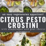 Collage of crostini images with text overlay "citrus pesto crostini"