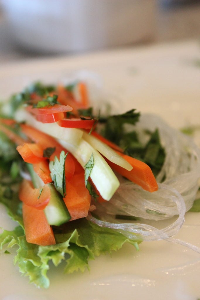 Vegetables layered in rice paper.