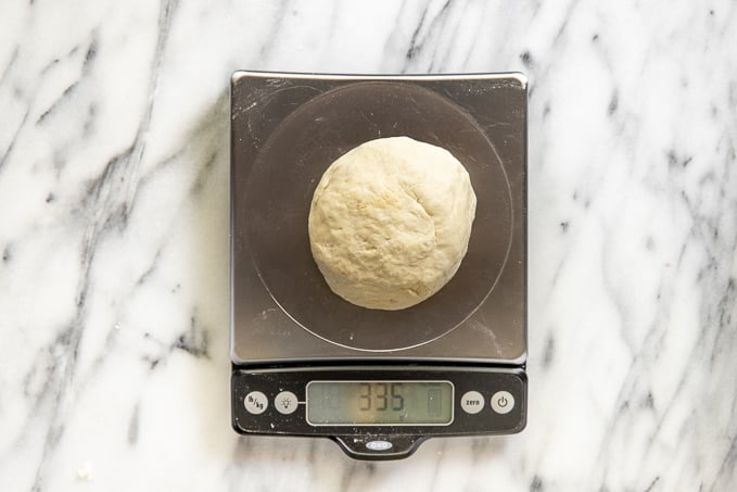 dough on kitchen scale.