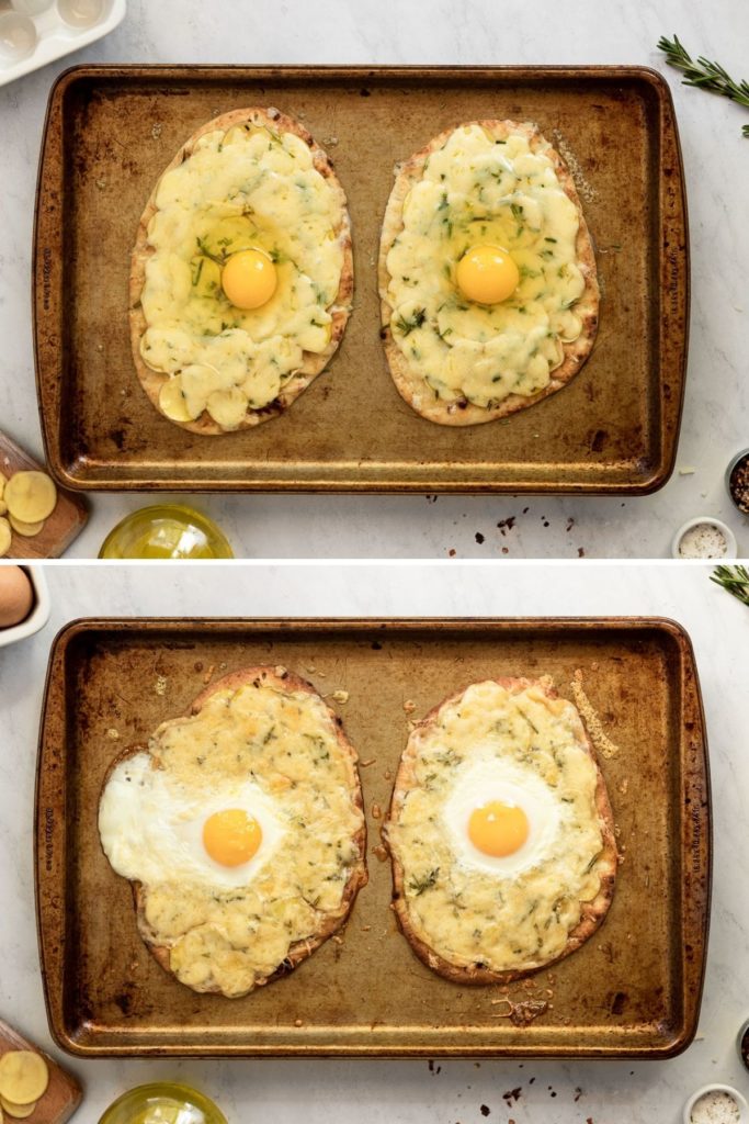 Before and after cooking eggs on flatbread.