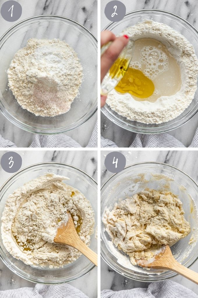 4 images of mixing bowl combining ingredients together.