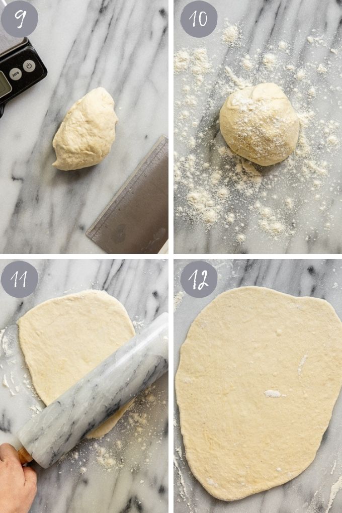 4 images: dough ball rolling out into flatbread.