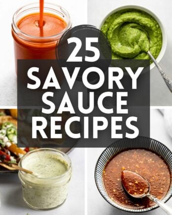 Savory Sauces Round Up Image with 4 sauce photos.