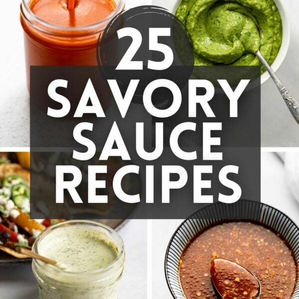 Savory Sauces Round Up Image with 4 sauce photos.