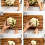 6 images cutting cauliflower steaks.