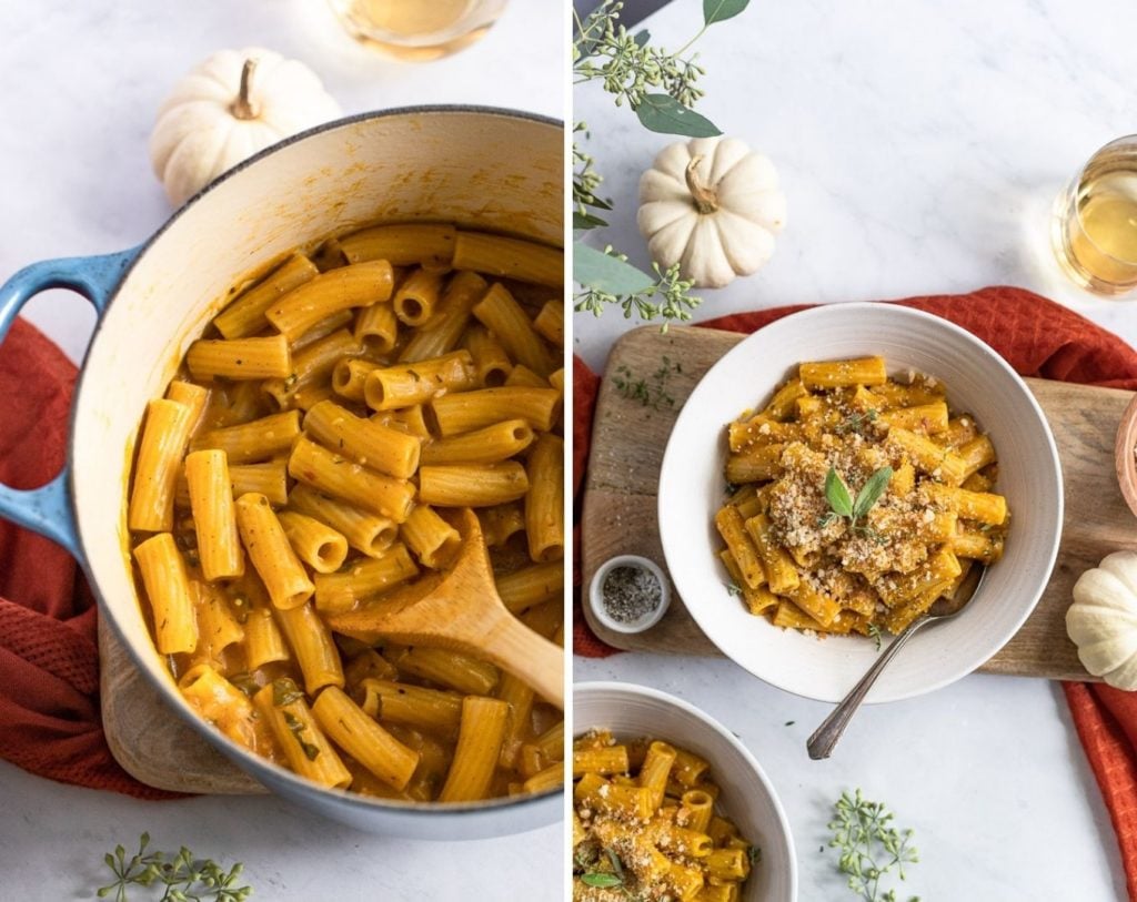 Two images: dutch oven with finished pasta and two bowls of pasta with forks.