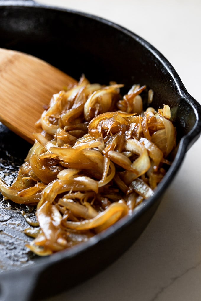 Caramelized onions and shallot in cast iron skillet.