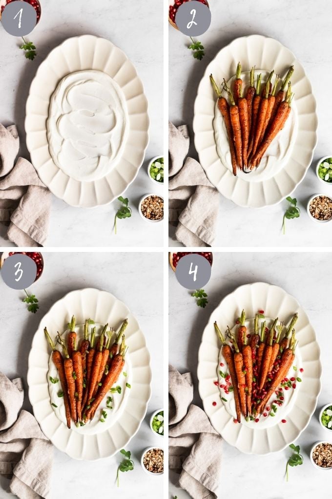 Assembling roasted carrots with toppings.