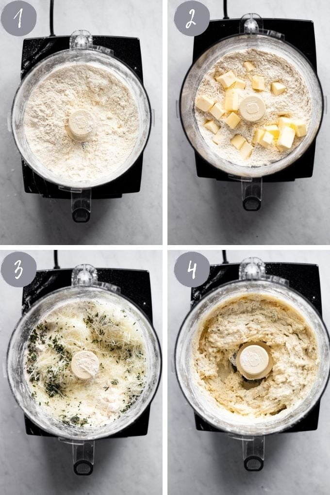 4 images making biscuit dough in food processor.
