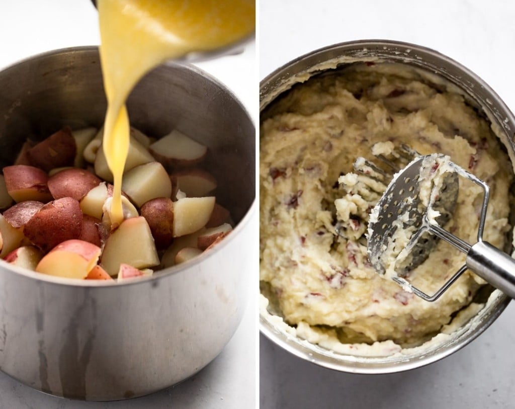 Two images: pouring butter into potatoes and mashing potatoes in saucepan.
