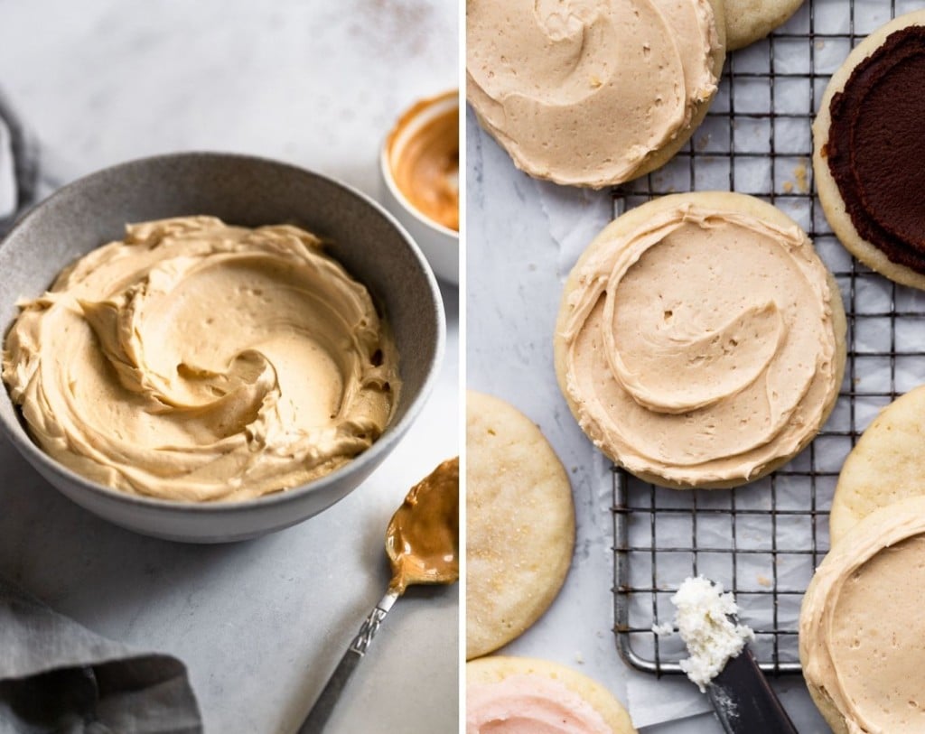 Peanut butter frosting in bowl and on sugar cookie.