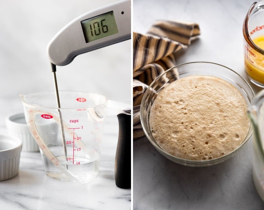 Two images: temperature of water and yeast proofing.