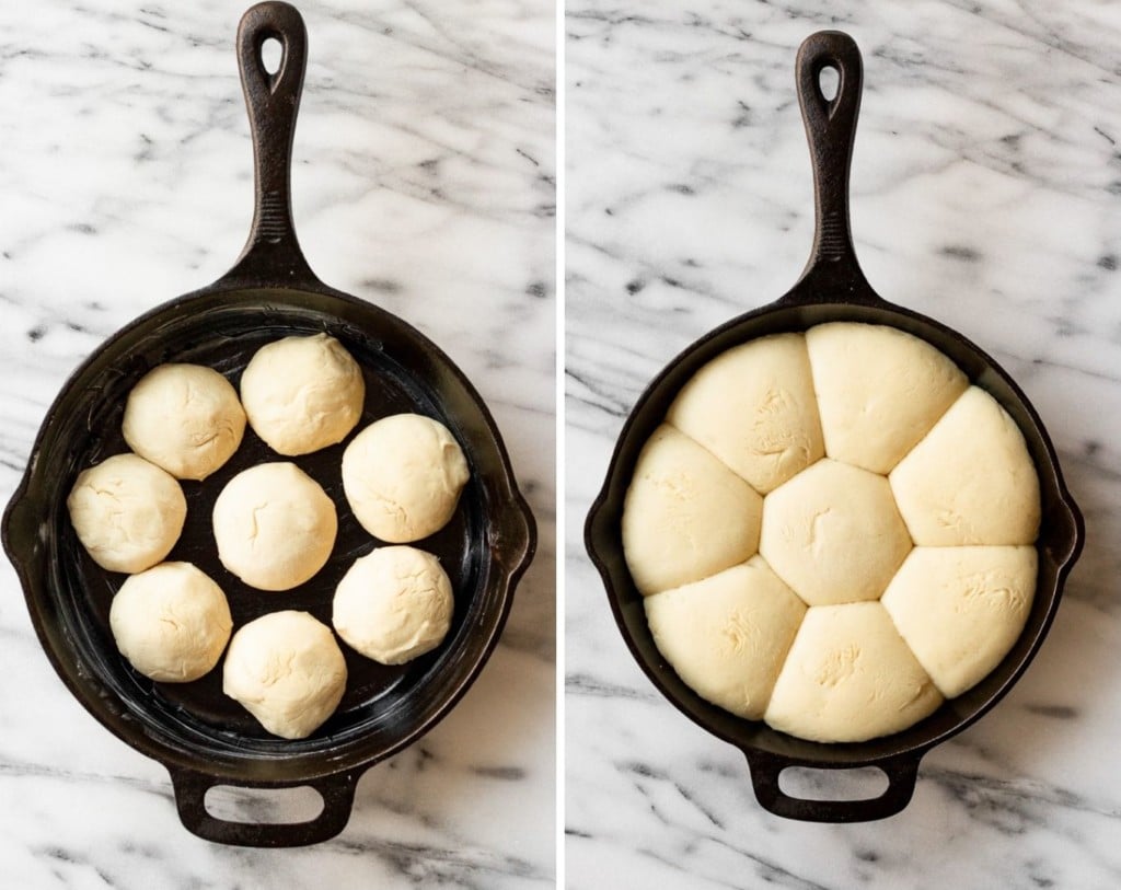 Skillet with dough balls before and after rising.