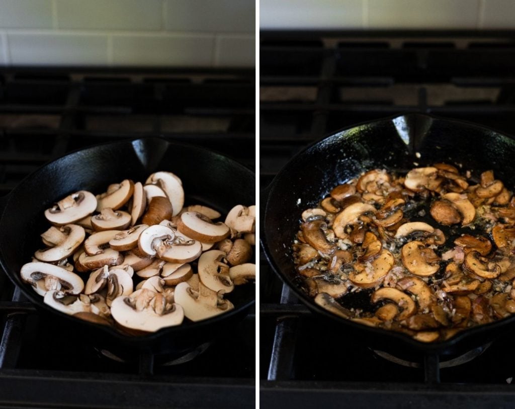 Side by side photos of mushrooms in cast iron skillet.