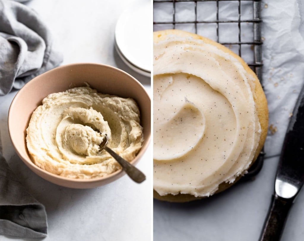 Vanilla bean buttercream frosting in bowl and on cookie.