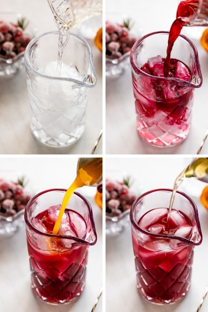 4 images pouring ingredients into glass of ice.