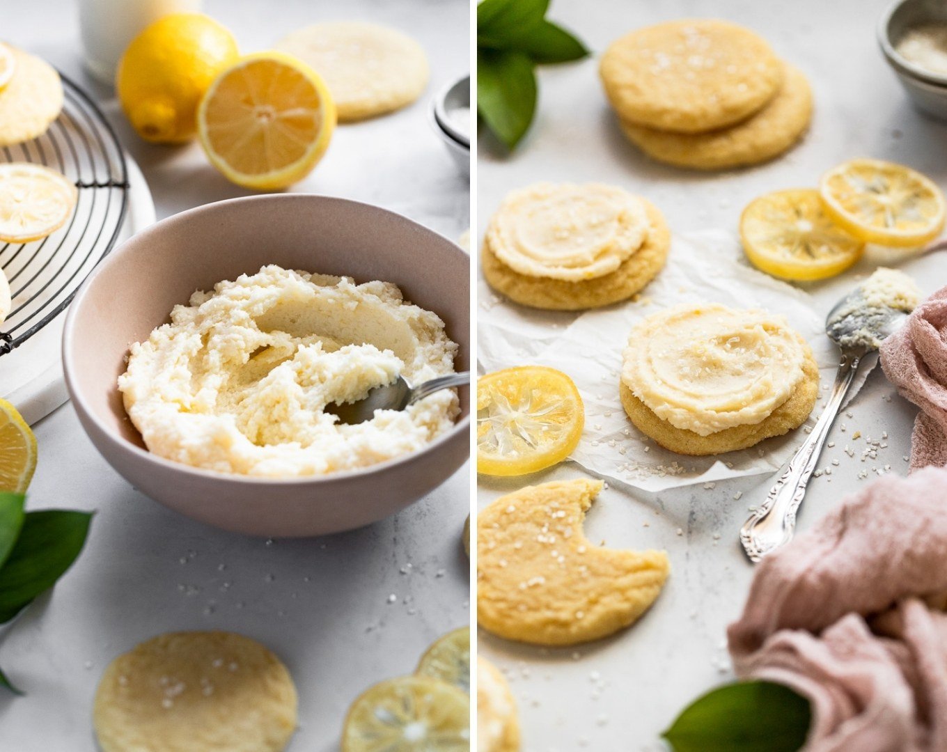 Bowl of lemon frosting, and frosted cookie.