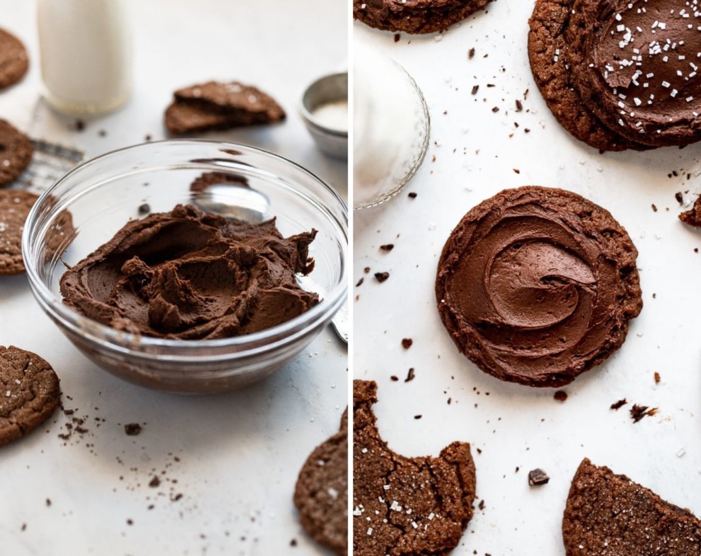 Bowl of chocolate buttercream and spread on chocolate cookie.