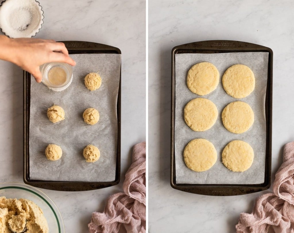 Two images: pressing dough, and after baking.