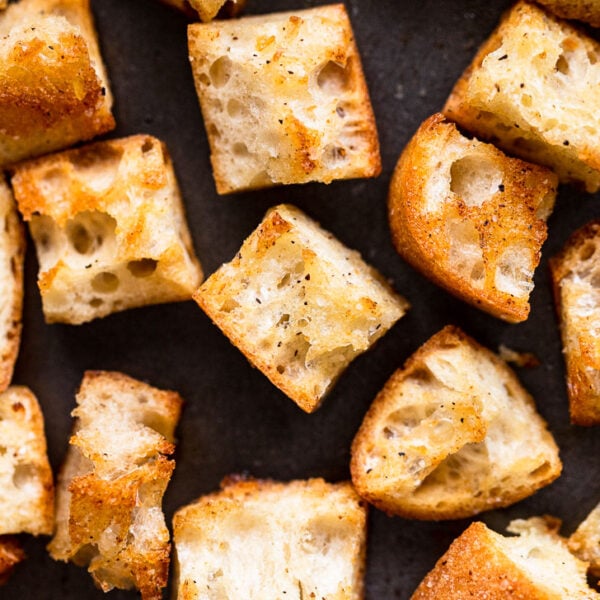 Croutons on baking tray