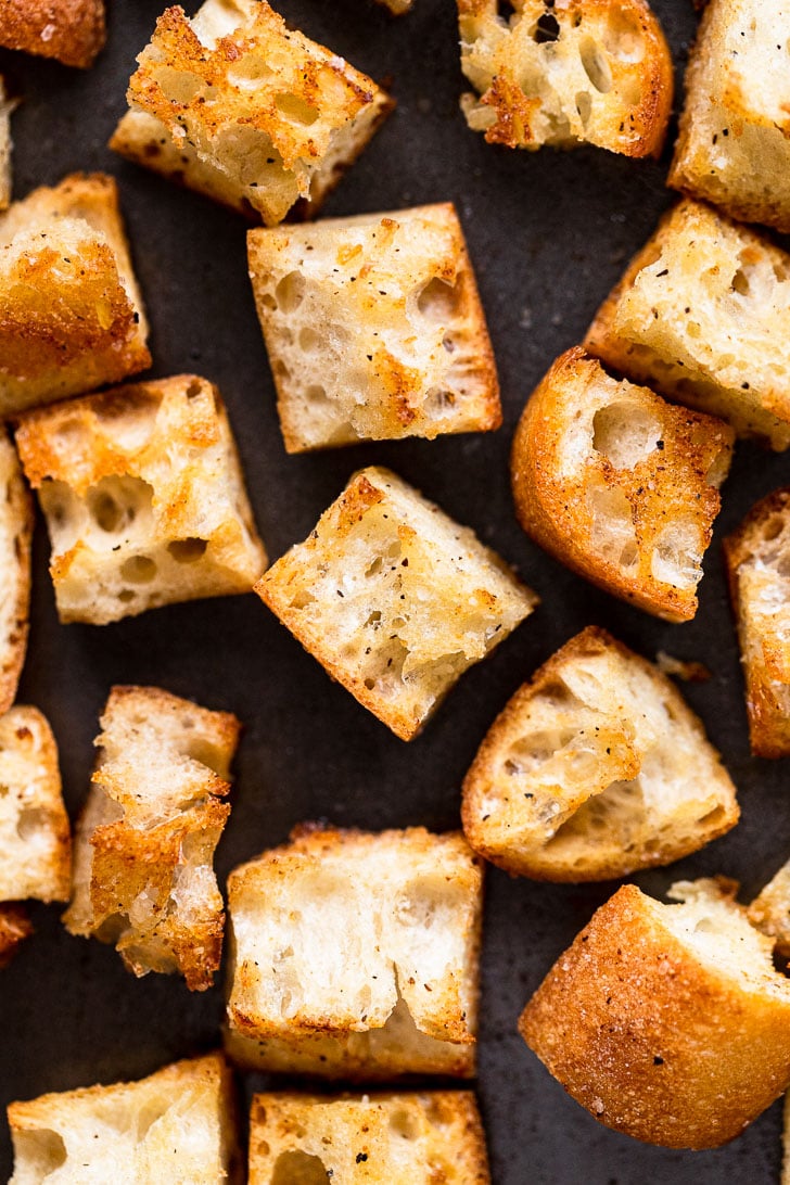 Croutons on baking tray