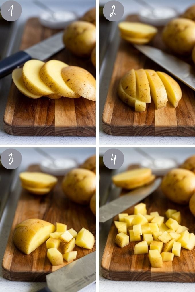 4 images dicing potatoes.